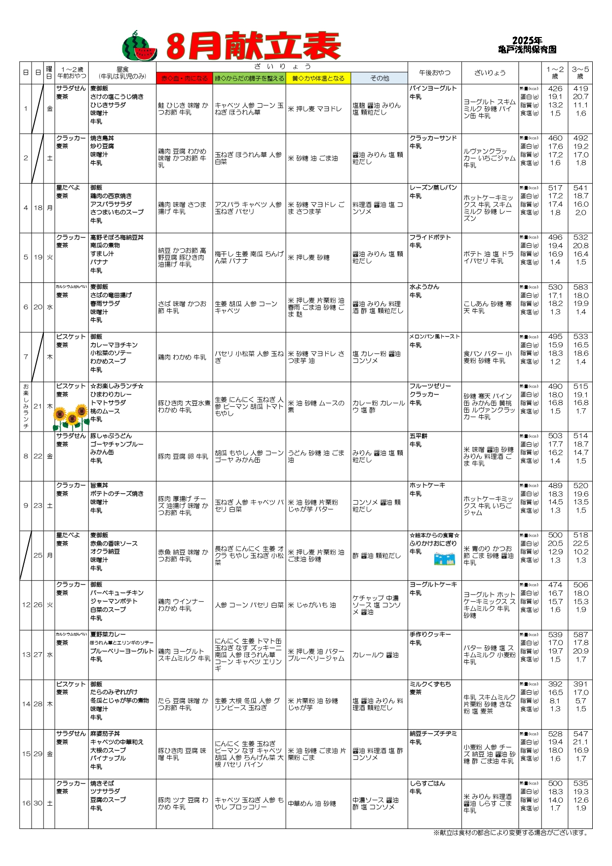 8月のランチ・おやつメニュー